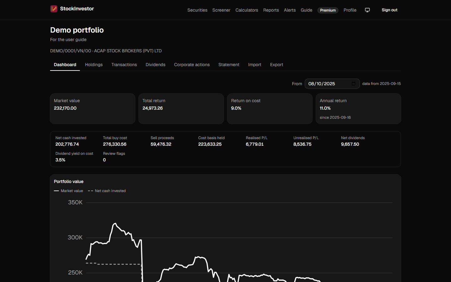 The StockInvestor dashboard: portfolio value over time and allocation.