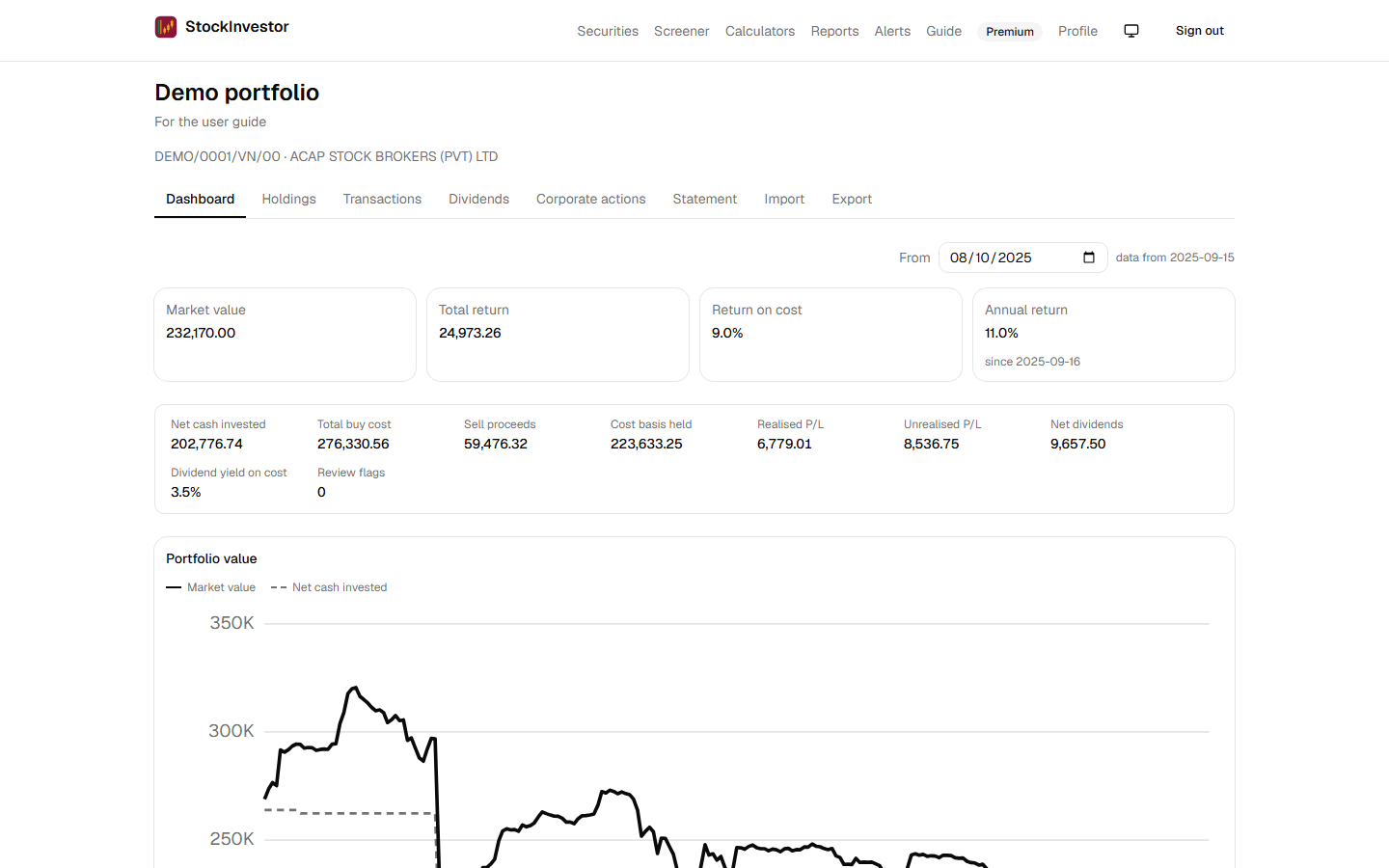 The StockInvestor dashboard: portfolio value over time and allocation.