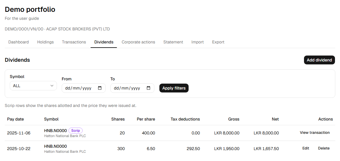 A cash dividend recorded with tax withheld.